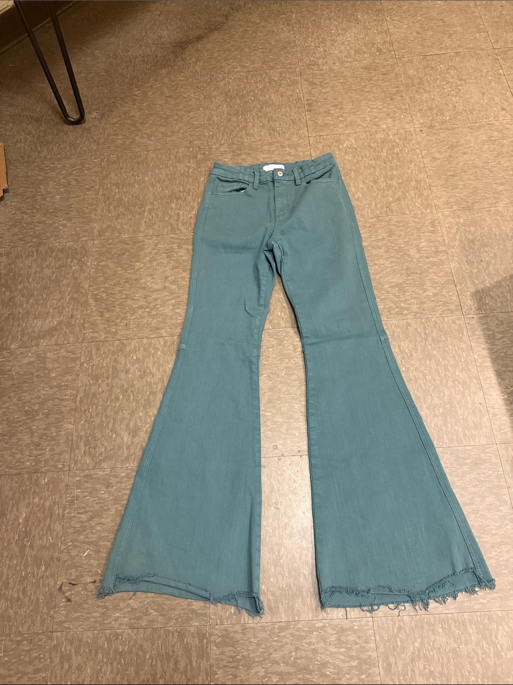 High-Rise Teal Flared Jeans with Frayed Hem